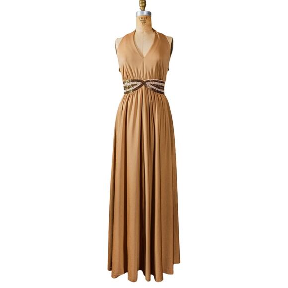 VTG 70s Lee Jordan Halter Maxi Dress Tan Rhinestone Evening Gown, Glam Disco M L - Picture 11 of 16